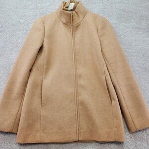 JCrew Wool Blend Zip Jacket Women 2 Camel Tan Ribbed Collar City Coat Minimalist
